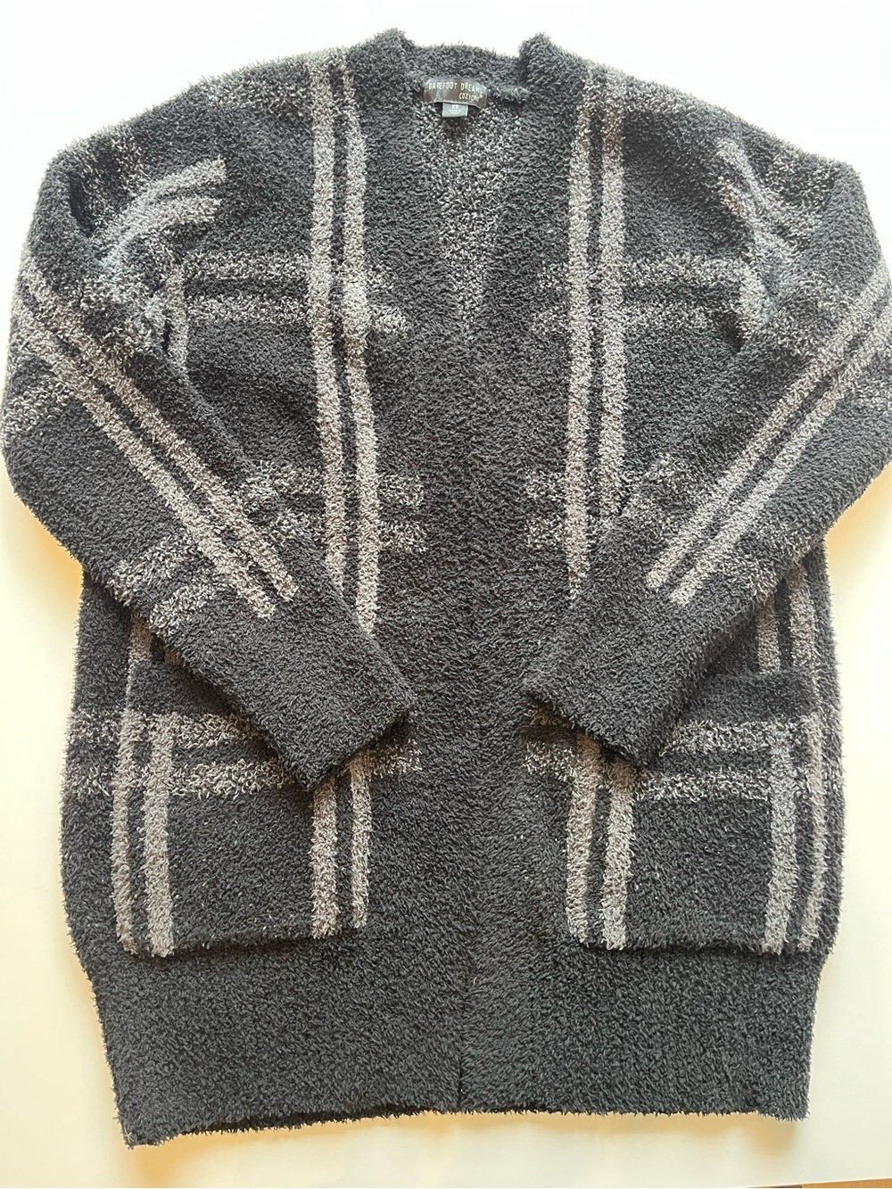 Barefoot Dreams CozyChic Black Gray Plaid Open Cardigan Sweater XS Soft Luxe